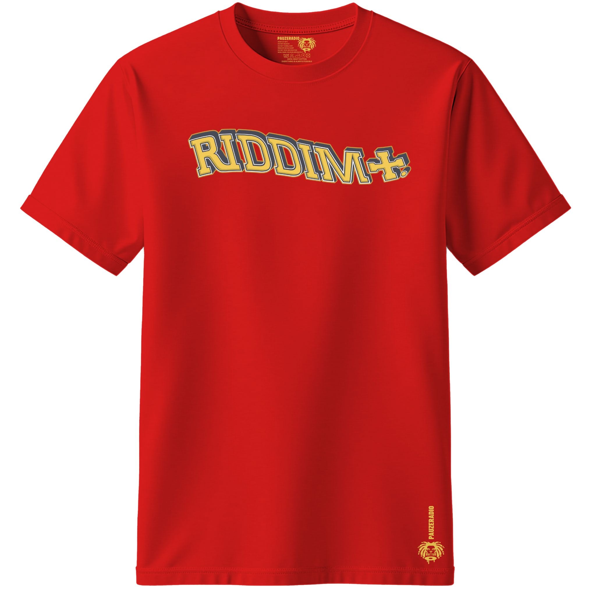 Red t-shirt with 'RIDDIM' text in yellow and blue on a white background