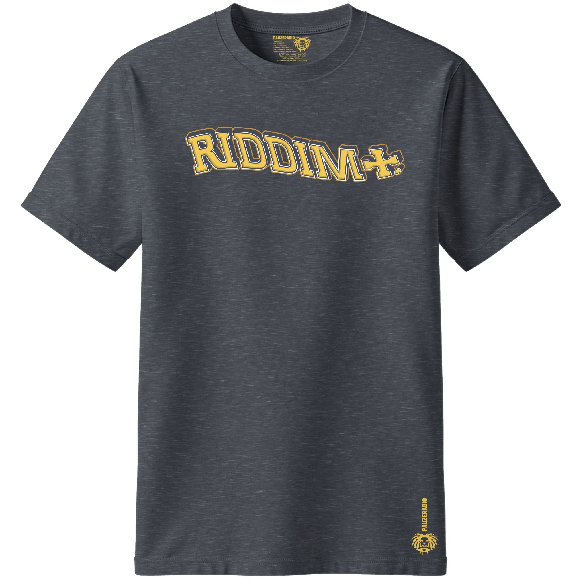 Dark gray t-shirt with 'RIDDIM' text in yellow on a white background