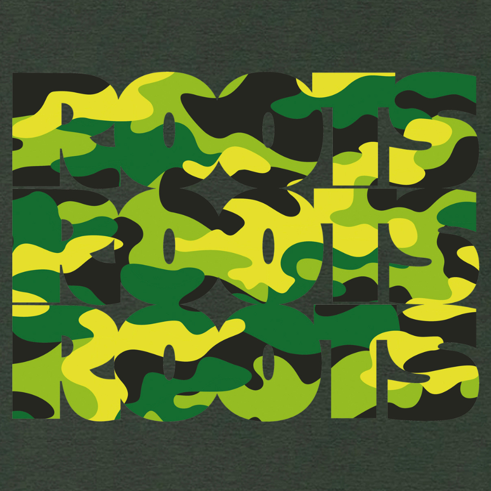 Camouflage 'ROOTS' text with black, green, and yellow on a forest green background