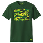 Green t-shirt with a camouflage pattern that says roots on a white background