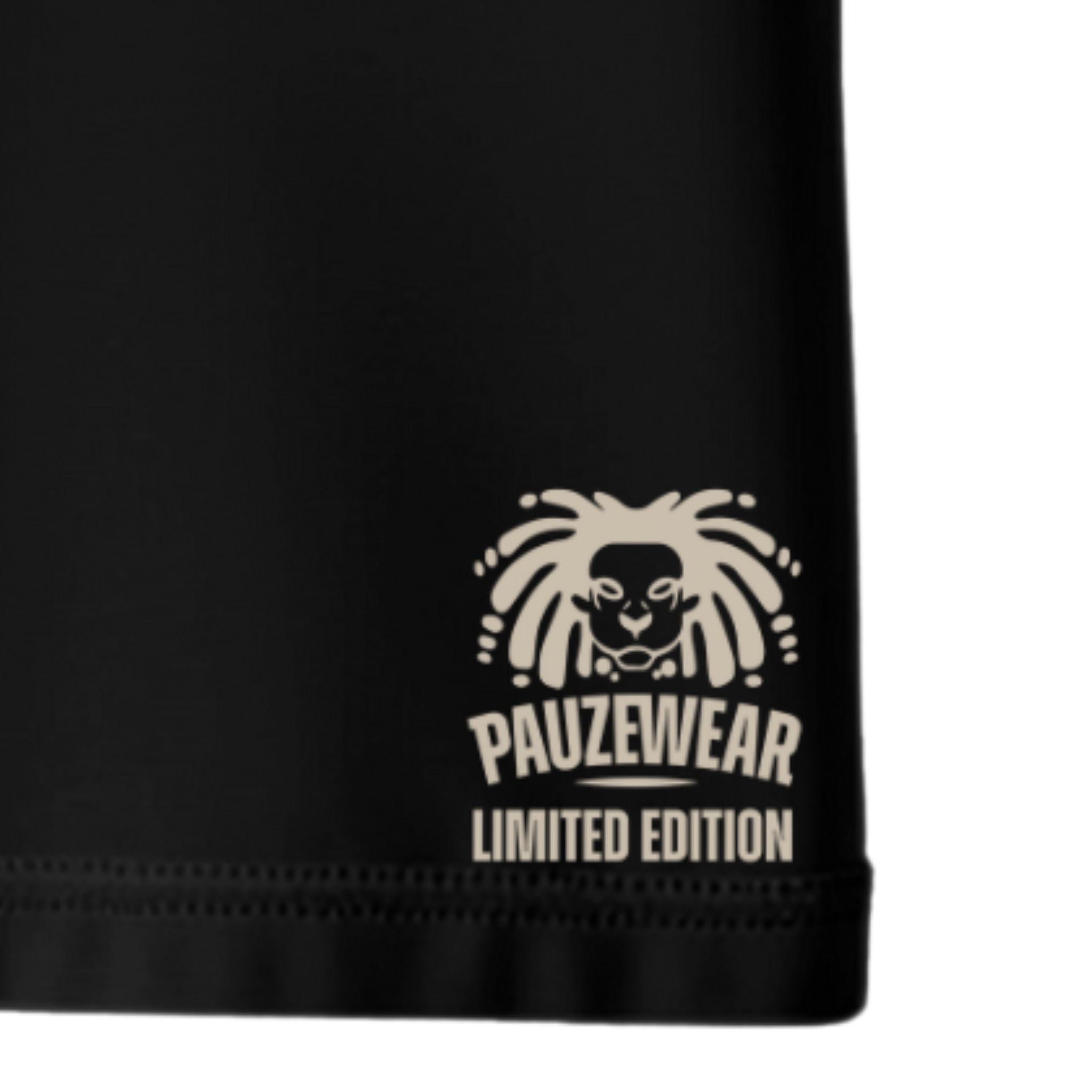 Black seam with a cream logo and text on a white background