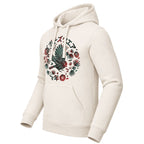 An off-white hooded sweatshirt with a large circular graphic on the chest featuring a bird, tropical leaves, and red floral elements, shown on a plain white background.