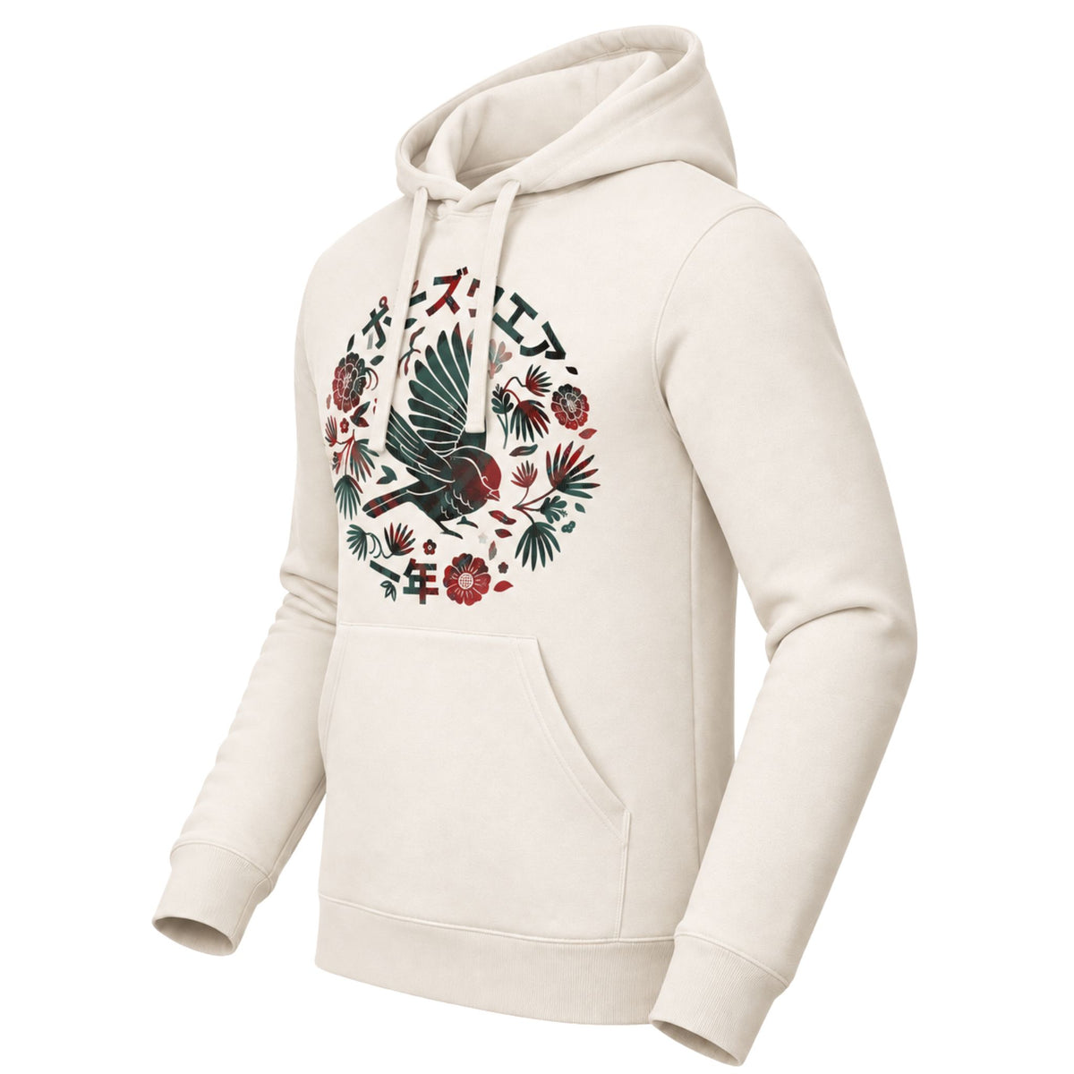 An off-white hooded sweatshirt with a large circular graphic on the chest featuring a bird, tropical leaves, and red floral elements, shown on a plain white background.