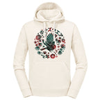 An off-white pullover hoodie featuring a large circular graphic on the chest with a bird, tropical leaves, and Japanese characters in red, green, and black.