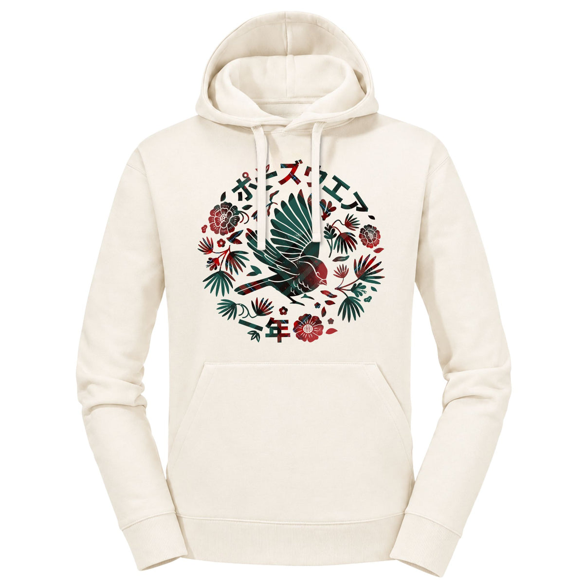 An off-white pullover hoodie featuring a large circular graphic on the chest with a bird, tropical leaves, and Japanese characters in red, green, and black.