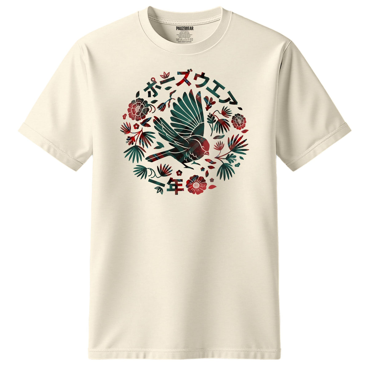 An off-white short-sleeve crewneck t-shirt featuring a circular graphic on the chest with a bird, tropical leaves, flowers, and Japanese text.