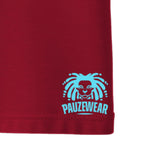 Red fabric with a blue logo and 'PAUZEWEAR' text on a white background
