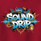 T-shirt with 'Sound Drip' graphic design on a red background