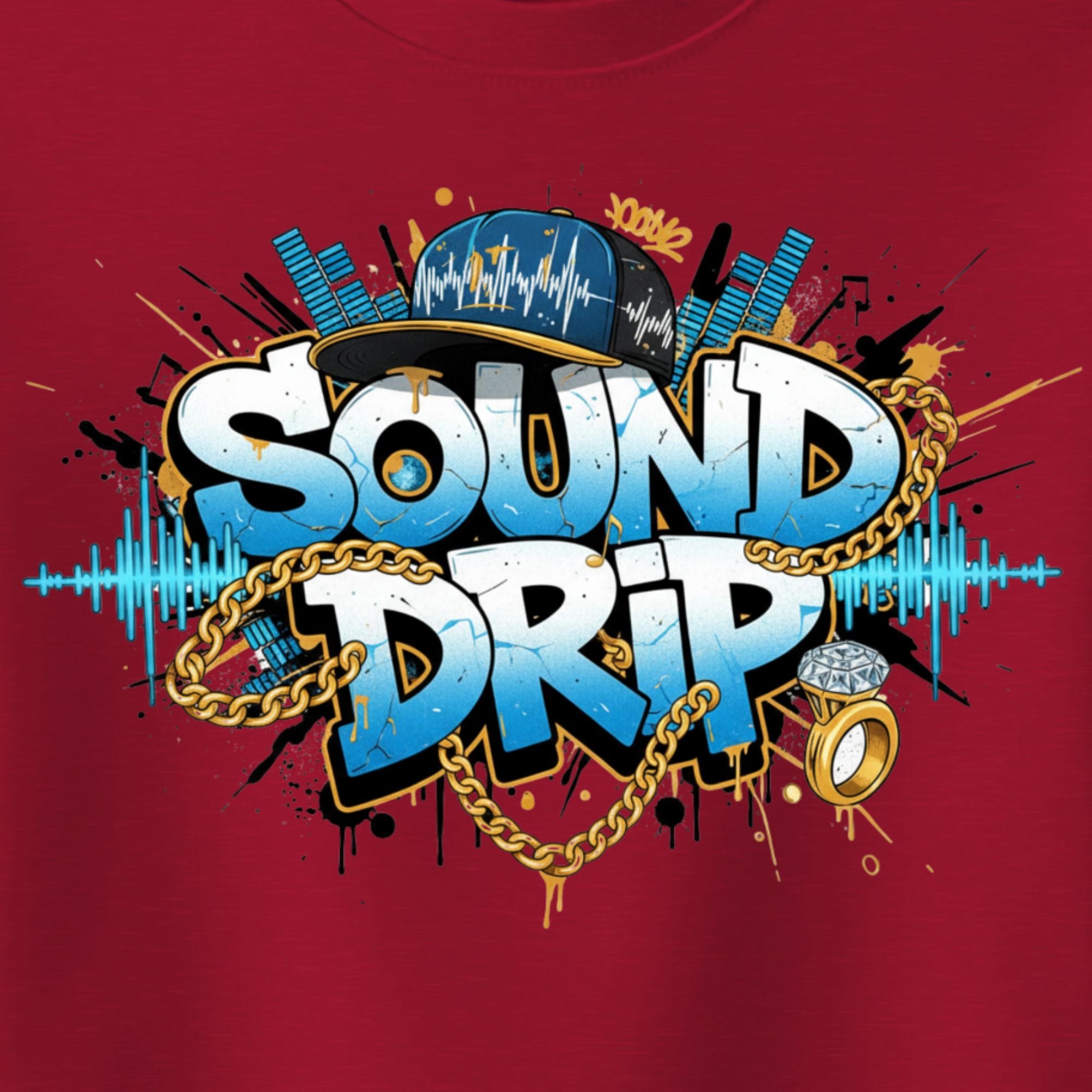 T-shirt with 'Sound Drip' graphic design on a red background