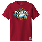 Red t-shirt with 'Sound Drip' graphic design on a white background