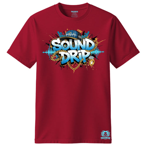 Red t-shirt with 'Sound Drip' graphic design on a white background
