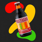 Pauzeradio branded supermalt bottle with reggae colour abstract shapes on a black background
