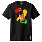 Black t-shirt with a colorful bottle graphic and 'Pauzeradio' text on a white background