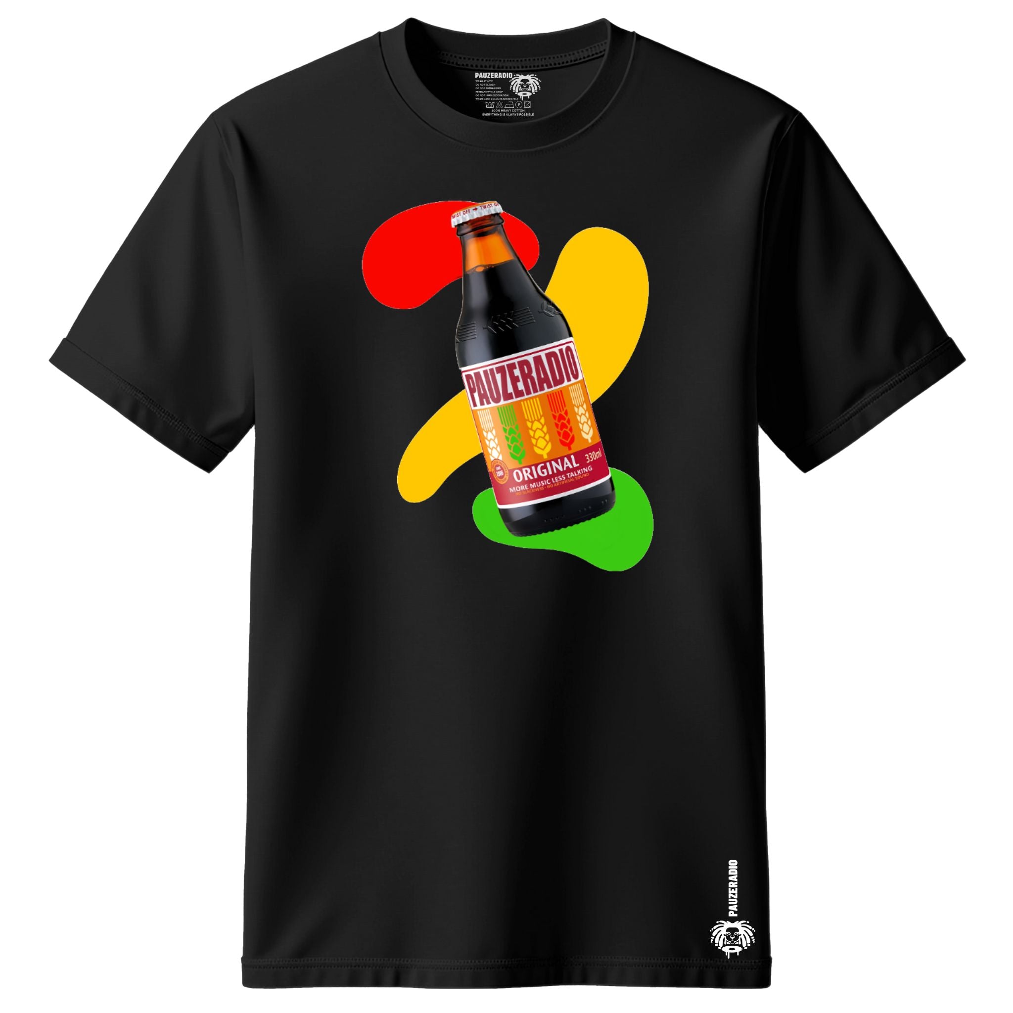 Black t-shirt with a colorful bottle graphic and 'Pauzeradio' text on a white background