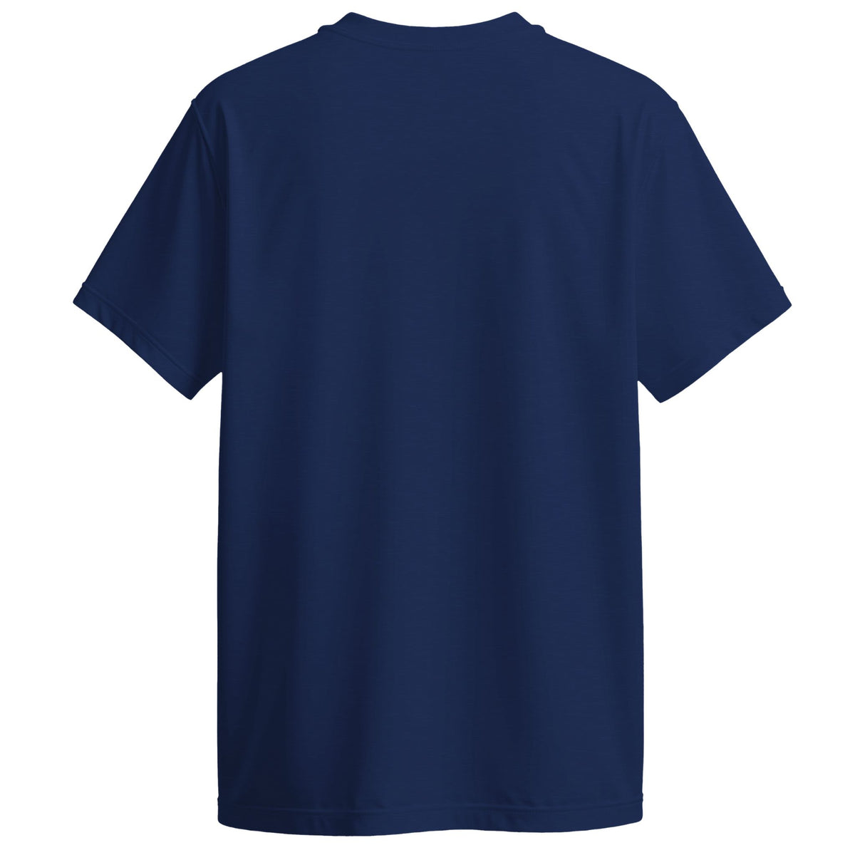 A navy blue short-sleeve crewneck t-shirt shown from the back, isolated on a solid white background.