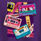 Colorful illustration of vintage cassette tapes on a purple background