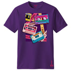 Purple t-shirt with colorful cassette tape designs on a white background