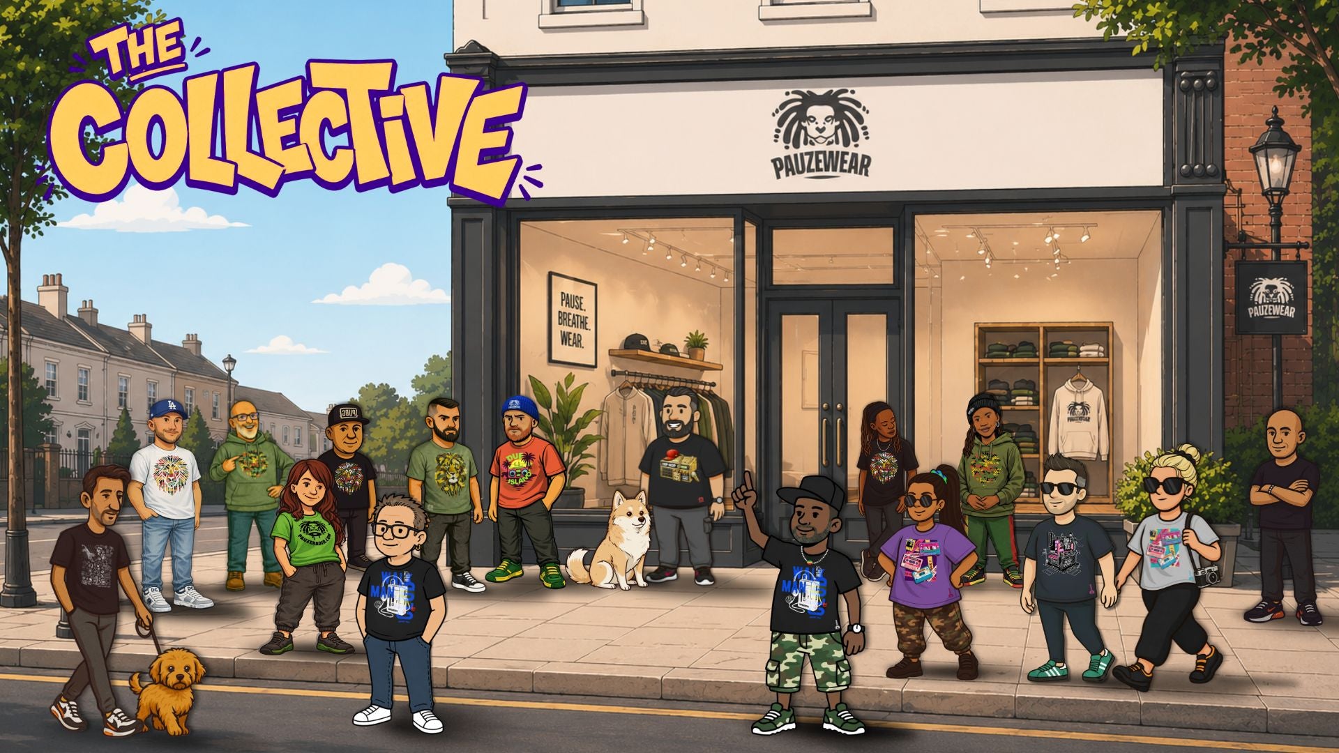 Cartoon characters in front of a store with 'The Collective' branding.