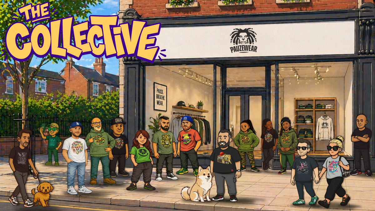Cartoon characters in front of a Pauzewear shop with 'The Collective' branding.