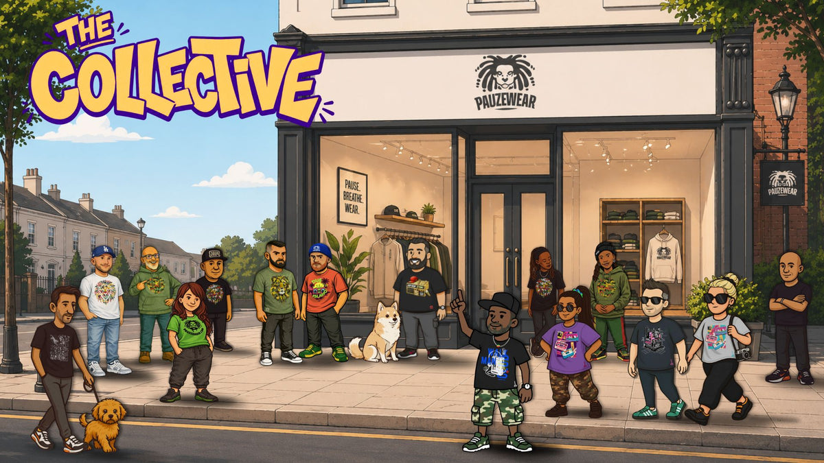 Cartoon characters in front of a store with 'The Collective' branding.