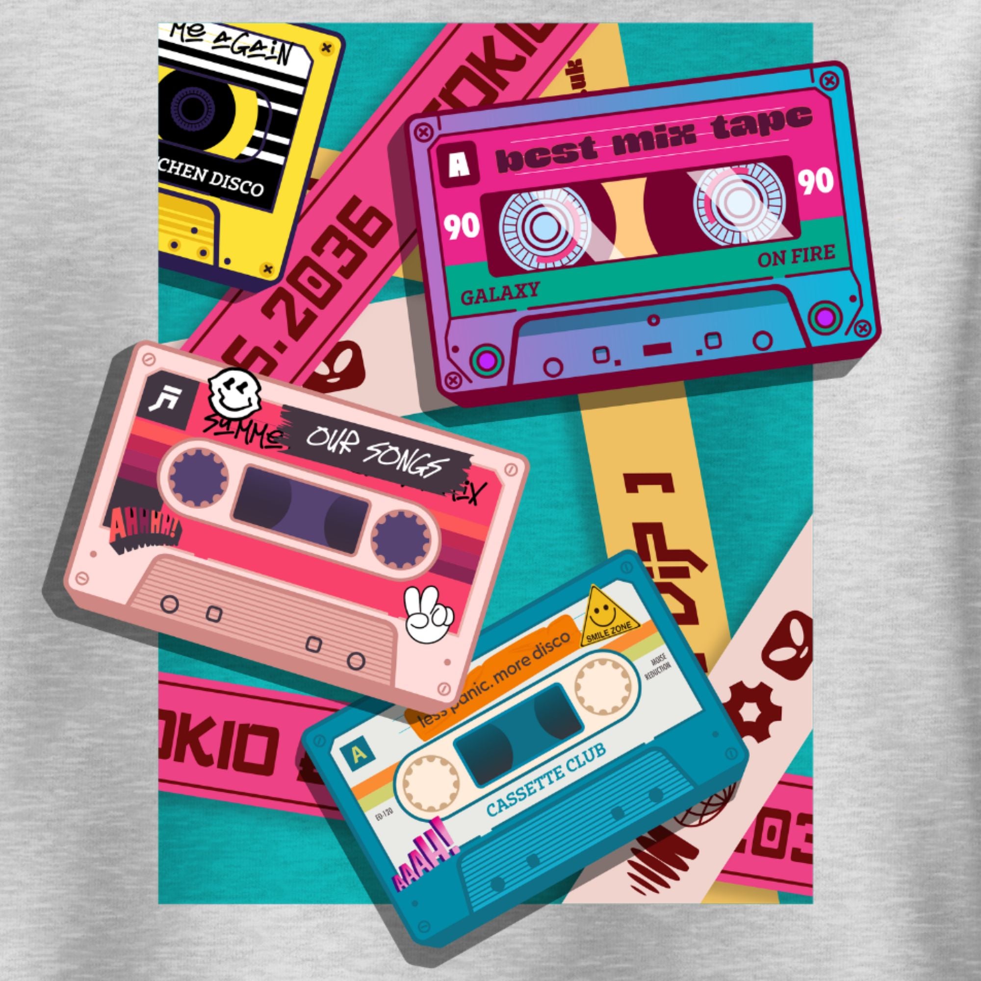 Colorful illustration of cassette tapes on a textured surface