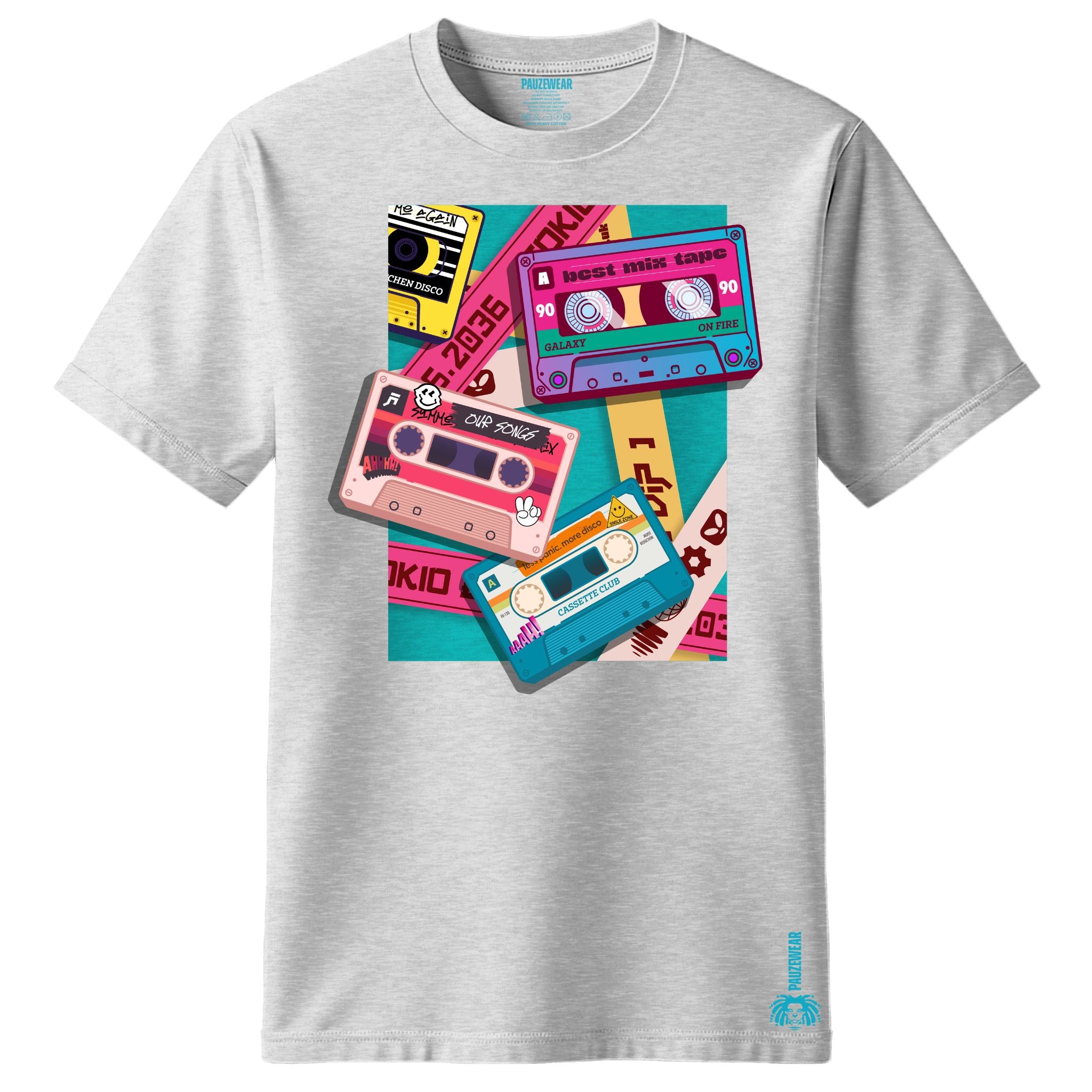 Gray t-shirt with colorful cassette tape design on a white background