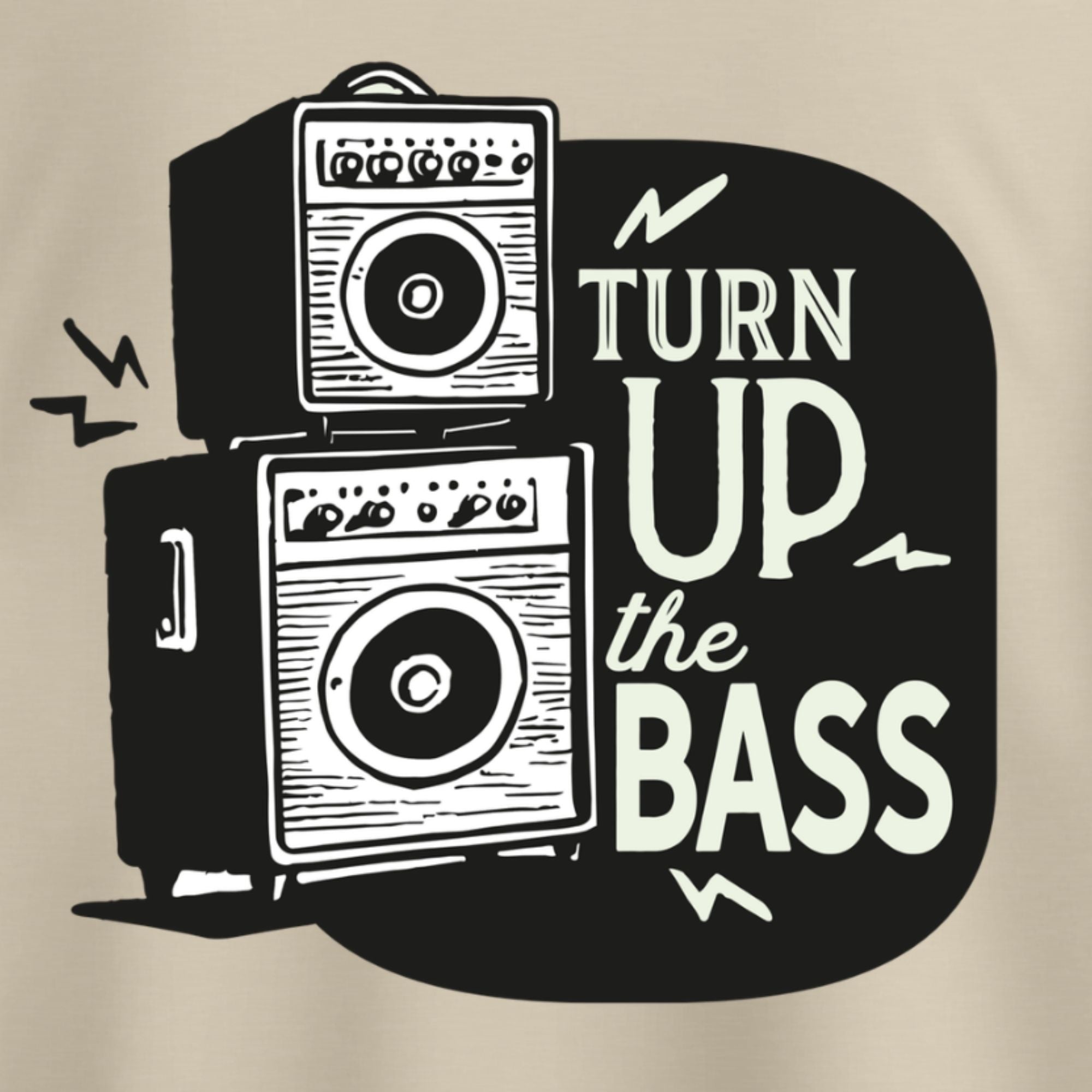 A graphic print on a beige garment featuring two stacked black vintage amplifiers and the text 'TURN UP the BASS' in white, with small lightning bolt accents.
