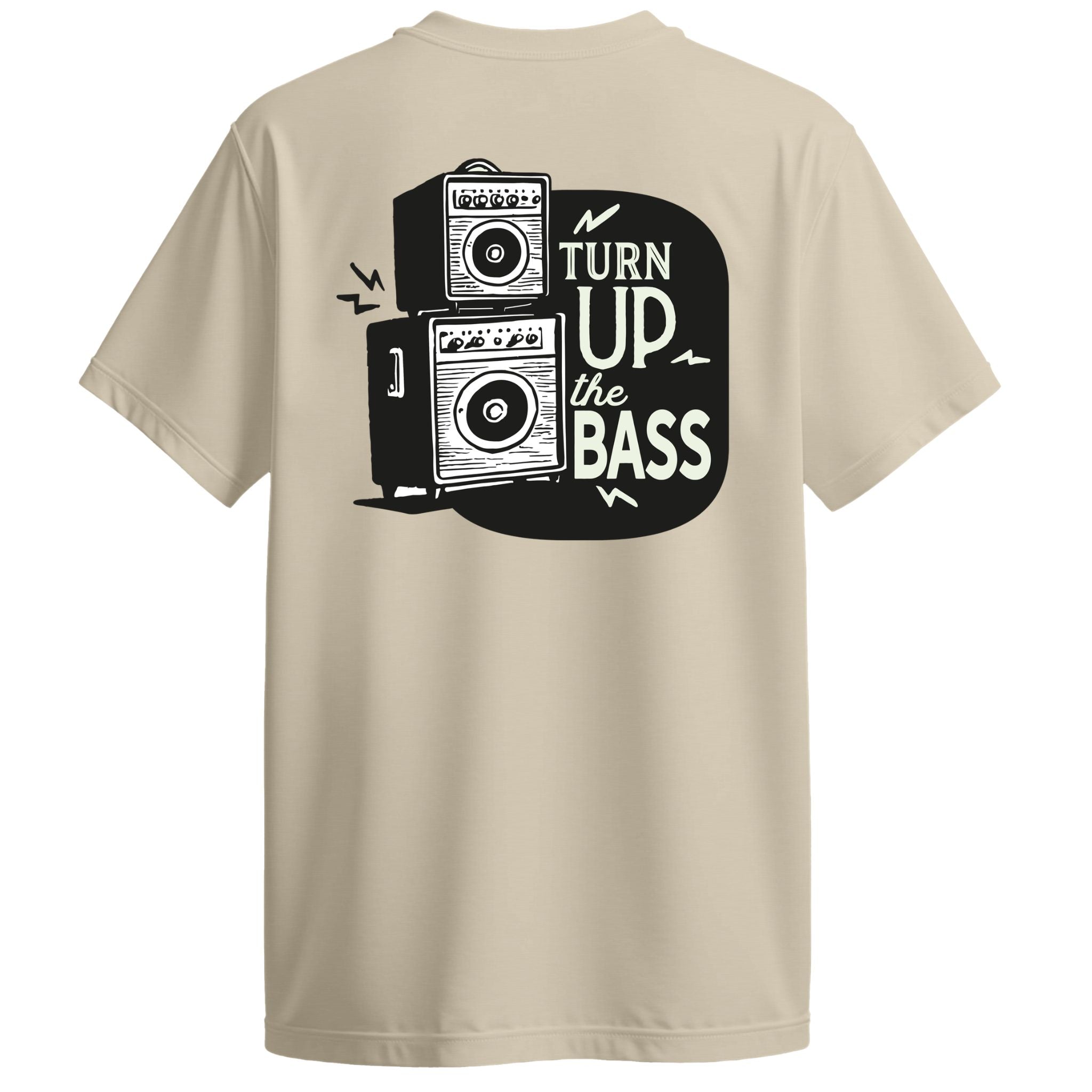 A beige short-sleeve t-shirt shown from the back, featuring a large black graphic print of two vintage speakers and the text 'TURN UP the BASS' in white.