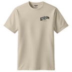 A beige crewneck t-shirt with a black 'PAUZEWEAR' logo printed on the left chest, displayed on a clean white background.