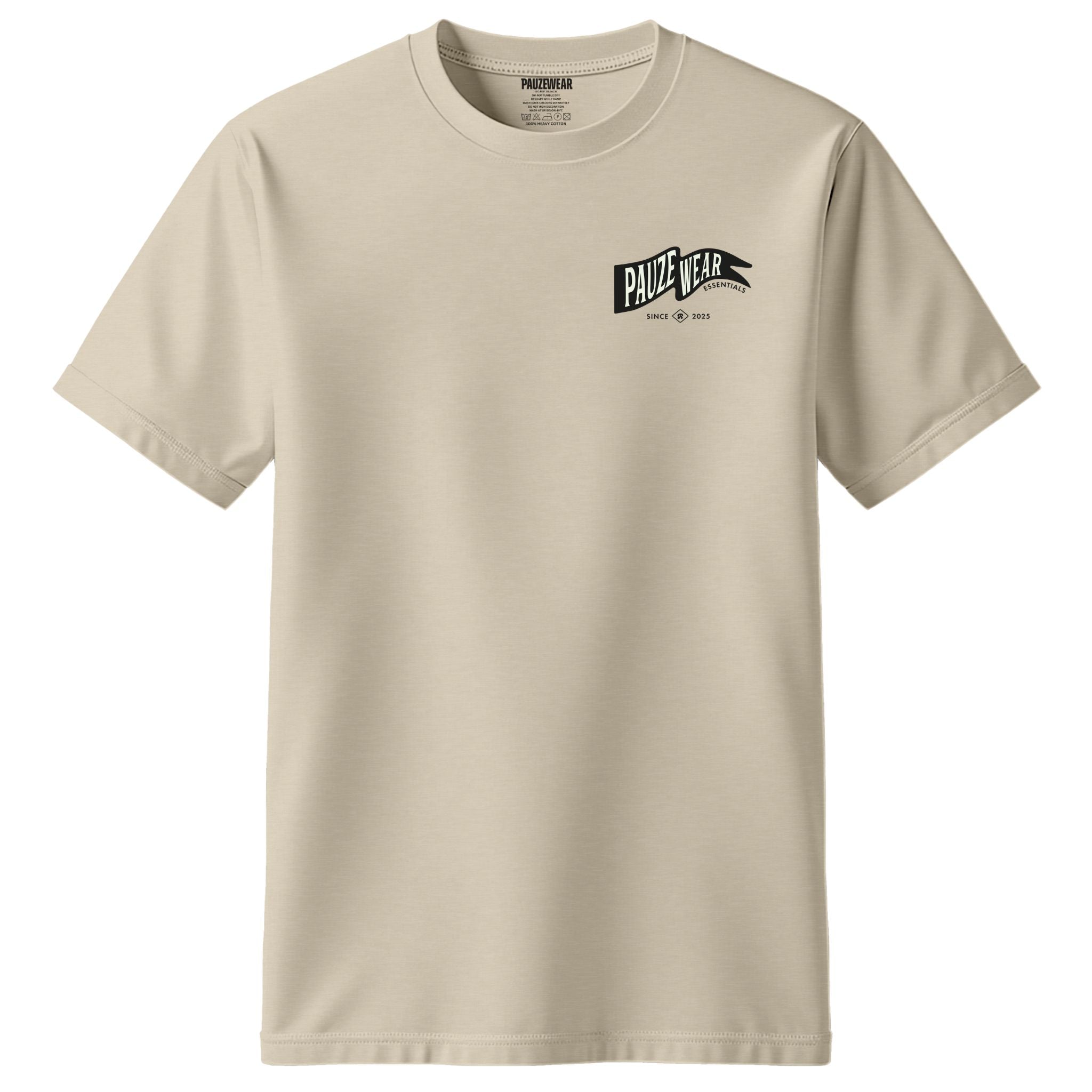 A beige crewneck t-shirt with a black 'PAUZEWEAR' logo printed on the left chest, displayed on a clean white background.